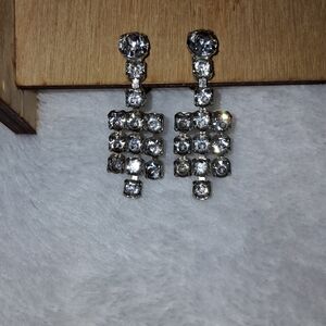 3 Line Clear Rhinestone Screwback  Drop Earrings